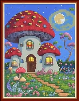 Findvoor Stamped Cross Stitch Kits for Beginners Full Range of Cross Stitching Embroidery Pattern for Adults, 11CT DIY Needlepoint Embroidery Starter Kits-Mushroom Moon 15.7x19.7 inch