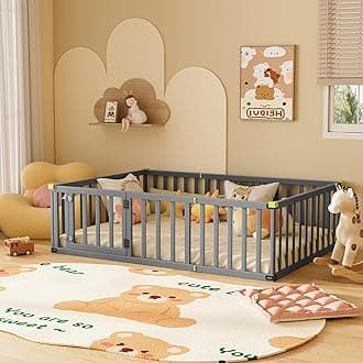 ROOMTEC Full Size Montessori Floor Bed Wooden Frame, w/Door and Safety Fence, Toddler Floor-Bed-Frame for Children Bedroom, Toddlers, Boys Girls, Kids Playroom, Grey
