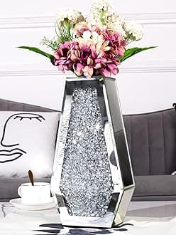 Flower Vase Crushed Diamond Vases for Decor Silver Mirror Vases for Centerpieces, Bling Crystal Decorative Glass Vase for Home Decor, 12 Inch - Can’t Hold Water