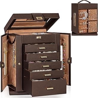 AKOZLIN 360° Rotating Jewelry Box 6-Tier Organizer Functional 360° Rotating Jewelry Storage Case for Women Girls Ring Necklace Earring Bracelet Holder with Mirror Brown