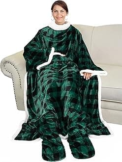 CataloniaCatalonia Sherpa Wearable Blanket with Sleeves & Foot Pockets for Adult Women Men, Comfy Snuggle Wrap Sleeved Throw Blanket Robe, Plaid Green, St. Patrick Gift
