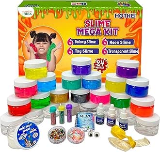 - HOTKEI (24 Slime Bottles) Multicolor Scented Toy Slime Slimy Gel Jelly Putty Set Includes Watery, Neon, Galaxy Slime Toys Kit for Boys Girls Kids Slime with Glitter| Charms| Water Beads| Snow| Balloon