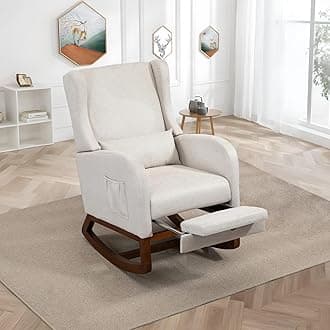 Modern Rocking Chair Nursery Glider, Comfy Rocker Nursery Chair with Foot Rest, Accent Reading Armchair with Pillow and Pocket, Upholstered Lounge Rocker with Solid Wood Base for Relaxing (Beige)