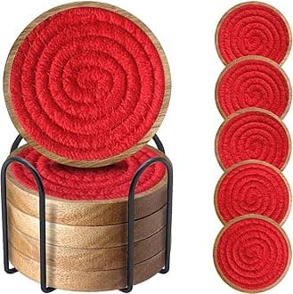 Eykao Coasters for Drinks Absorbent Sets of 5, Woven Coasters with Holder, Housewarming Gift for Farmhouse Home Decor, 4 inches (Red)