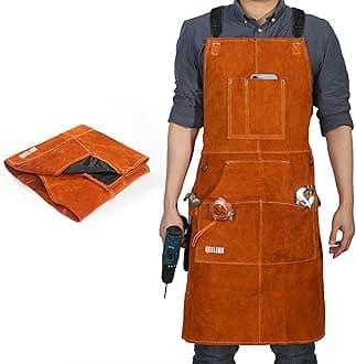 QeeLink Welding Apron, Genuine Leather, Work Apron, 6 Pockets, X-Shaped Bib Apron, Adjustable from M to XXXL for Men and Women, Work Apron