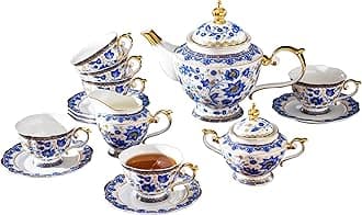 ACMLIFE Bone China Tea Set for 6, Blue and White Tea Set for Adults 24K Gold, Vintage Floral British English Cups and Saucers for Women Party or Gift Giving (Blue)