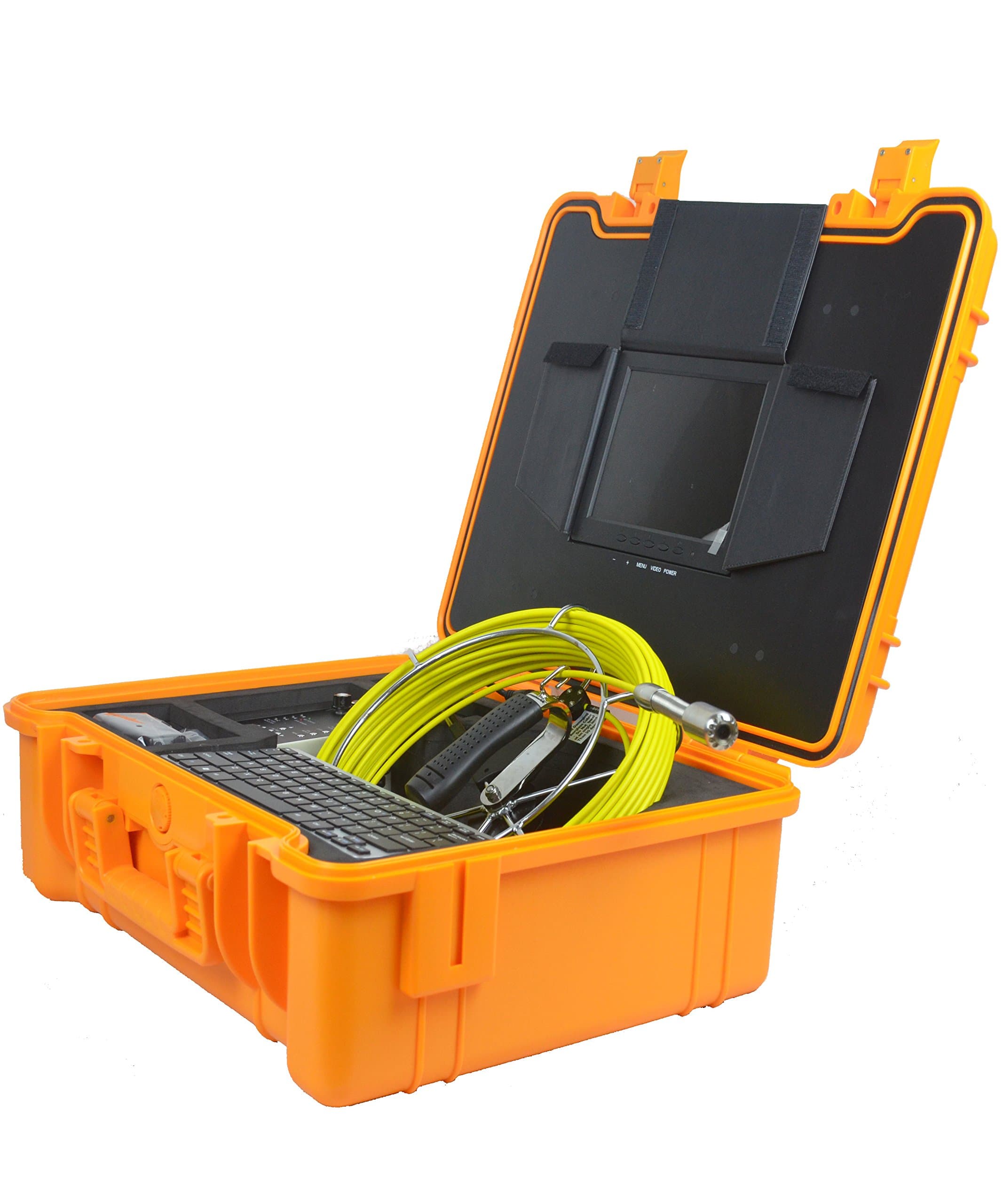 Self Leveling Video Inspection Drain Camera Survey Sewer Pipe Camera with 130ft Cable, 512hz Sonde, Video Audio Record, Photograph, Distance Counter, Keyboard, LED Adjust, Rechargeable 6600mah Battery