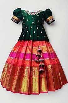 Girls Polyester Blend New South Indian Traditional Pattu Pavadai Jecquard Readymade Lehenga Choli Dress