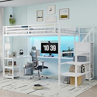Queen Size Loft Bed with Desk and Stairs, Gaming Loft Bed with RGB LED Light and Storage, Heavy-Duty Metal Loft Beds Frame with Wardrobe, Shelves and Charging Station for Adults Kids Teens, White