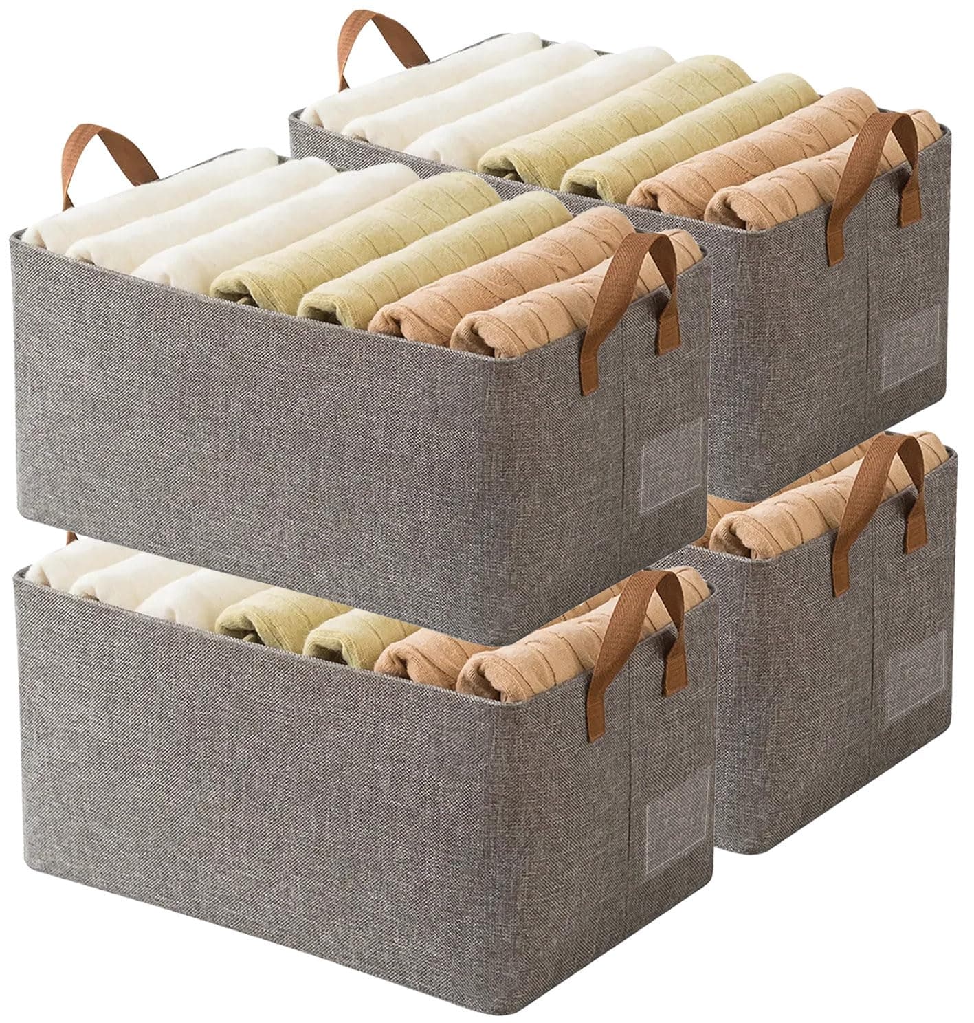 Linen Closet Organizer Storage Bin with Steel Frame, Stackable Fabric Jeans Baskets for Shelves, 4 Packs Foldable Wardrobe Clothes Box for Sweater Pants Towel Shirt Storage, 23L Gray