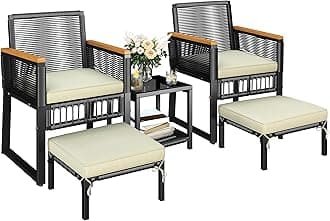 Yaheetech 5-Piece Outdoor Conversation Set, Wicker Rattan Patio Furniture Set w/Rattan Armchairs, 2-Layer Side Table, Ottomans, Acacia Wood Armrests & Metal Frame for Backyard, Porch, Balcony