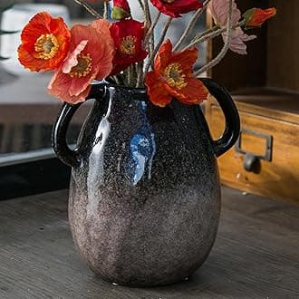 Blue Gradient Ceramic Vase with 2 Handles, Modern Farmhouse Decor, Rustic Terracotta Pottery, Decorative Clay Flower Vase, Centerpiece for Dining Table - 7 Inch
