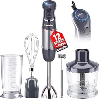 Mueller Multistick 5-in-1 Immersion Blender Handheld,12 Speed Hand Mixer-Turbo Boost,Heaviest Duty Copper Motor,Titanium reinforced Blades Hand Blender,Milk Frother Wand,Whisk,Beaker,Chopper,Grey