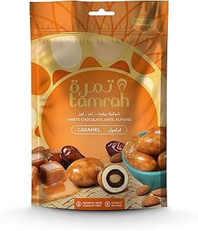Tamrah Caramel Chocolate Dates and Almonds Zipper Bag 100gm. Ideal for Sharing, Gifting, Kids’ chocolate, Perfect for any Occasion.