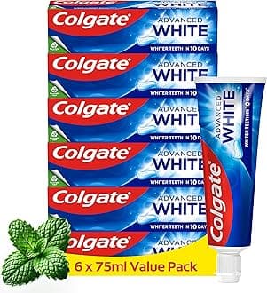 Advanced White Toothpaste, 6 x 75 ml - Whiter teeth in 10 Days - Clinically proven whitening - Teeth whitening toothpaste with micro-cleansing crystals - Mint toothpaste