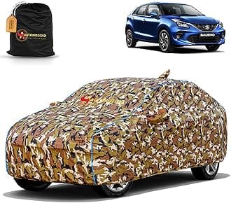 Maruti Suzuki Baleno 100% Waterproof Car Cover for All Weather Protection with Mirror & Antena Pocket Inner Cotton Triple Stitched Adjustable Belt Bottom Elastic Cover to Secure Fit -Jungle