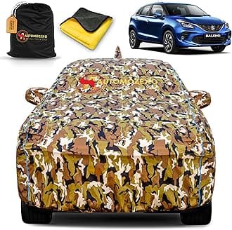 AUTOMOZEXO Maruti Suzuki Baleno 100% Waterproof Car Cover for All Weather Protection with Mirror & Antena Pocket Inner Cotton Triple Stitched Adjustable Belt Bottom Elastic Cover to Secure Fit -Jungle
