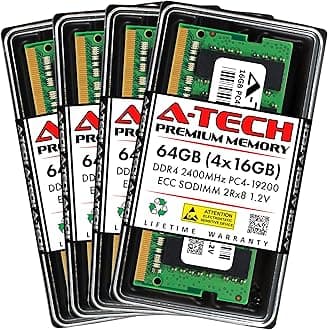 A-Tech 64GB Kit (4x16GB) DDR4 2400MHz PC4-19200 ECC SODIMM 2Rx8 Dual Rank 1.2V 260-Pin RAM Memory Upgrade Modules for Microserver, Workstation, and Networking Platforms