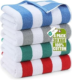 Utopia Towels Cabana Stripe Beach Towels (76 x 152 cm) - 100% Ring Spun Cotton Large Pool Towels, Soft and Quick Dry Swim Towels (Pack of 4) (Blue, Grey, Red & Green)