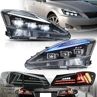 VLAND Headlights w/Animation & Blue Breathing and Tail Lights Fit for IS250 IS350 IS 220d 2006-2012(Back lights not for IS250C 350C /Convertible), Full LED Clear Headlamp with Smoke Tail Lamp