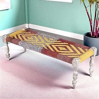 Ikiriya Hamilton Sheesham Wood 2 Seater Maachi Bench Wooden Patio Bench for Living Room Home and Garden- Assorted Chindi & Yellow Rope Canning (Rustic Grey Matte Finish) - 17 x 48 x 16 Inch