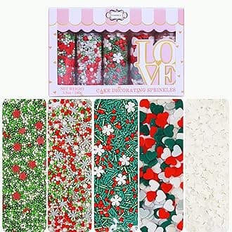 Confect Christmas Sprinkles | Sprinkles for Baking & Cake Decorative | Assorted pack of 5 Silver, Red, Green & White I Heart, stars, Snowflakes sparkling sugar | Cookie sprinkles| Dessert Decorating