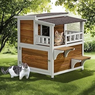 DWVO Large Two-Story Outdoor Cat House with Balcony for 2 Cats, Solid Wood Feral Cat Shelter Weatherproof with Escape Door & Openable Asphalt Roof, 2 Story Outside Cat Condo for Small Animals, Brown