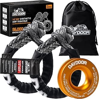 DAYDOOR Synthetic Soft Shackle & Winch Recovery Ring Kit, 2 PCS 1/2'' x 22'' Recovery Soft Shackle(56,000Lbs Breaking Strength), 1 PCS Snatch Recovery Ring for ATV UTV Off-Road Vehicles(Gold Ring)