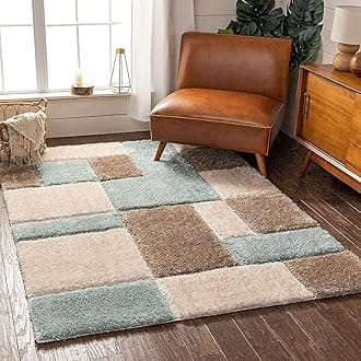 Carpetify Modern Geometric 3D Textured Thick and Soft Shaggy Fur Rug & Carpet (8x8 Feet - Square Shape, Color - Light Brown/Ivory/Multi)