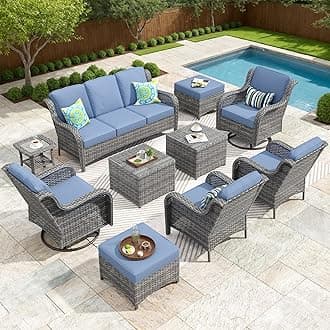 ovios 10 Pieces Patio Furniture Set with Swivel Rocking Chairs, Outdoor Wicker Sofa Couch Comfy Cushions, All Weather High Back Modern Conversation Set, Grey Rattan, Denim Blue