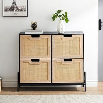 Natural Rattan 4 Flip Down Free-Standing Shoe Rack, Shoe Cabinet Wood Organizer Freestanding with 3-Tier Adjustable Shelves for Entryway Hallway Doorway (Black)