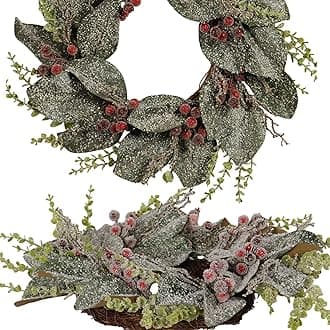 22-Inch Winter Spring Magnolia Wreath with Red Berries- Door Wreath for Indoor Outdoor, Winter Spring Decor for Front Door, Fireplace, or Wall Display