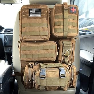Universal Tactical Car Seat Back Organizer Bag Tactical Molle Vehicle Organizers Panel Vehicle Protector Organizers with 5 Detachable Pouches for Car Truck Ford Jeep (Khaki)