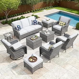 ovios 10 Pieces Patio Furniture Set with Swivel Rocking Chairs, Outdoor Wicker Sofa Couch Comfy Cushions, All Weather High Back Modern Conversation Set, Grey Rattan, Grey