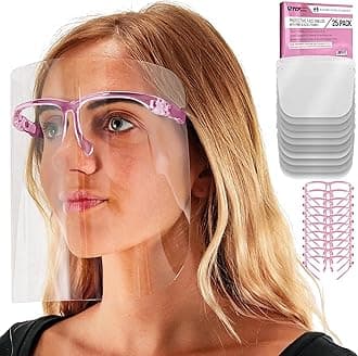 TCP GlobalSalon World Safety Face Shields with Pink Glasses Frames (Pack of 25) - Ultra Clear Protective Full Face Shields to Protect Eyes, Nose, Mouth - Anti-Fog PET Plastic, Goggles