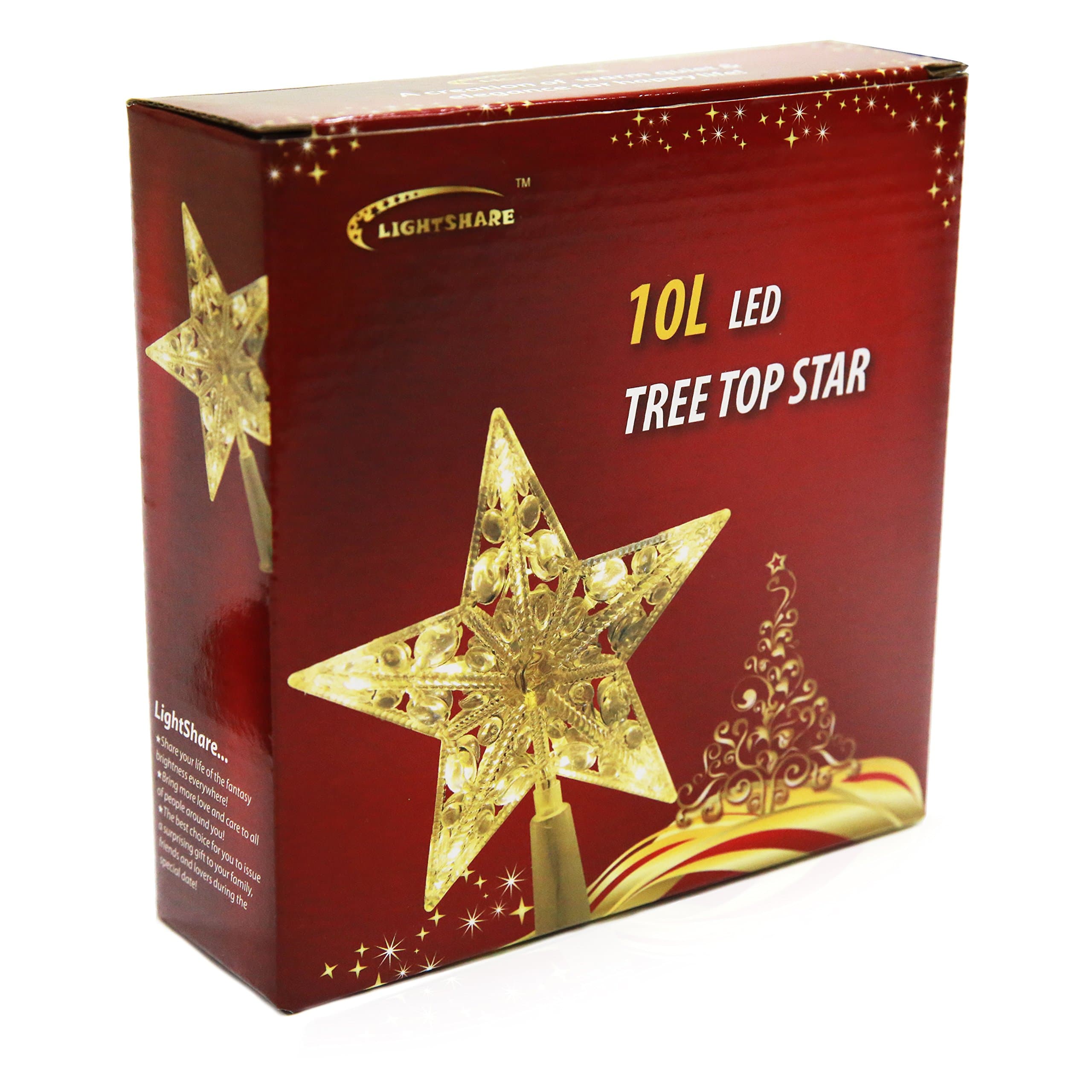 LIGHTSHARE Star-Shaped Treetop Light, 10 LED Lights, Warm White