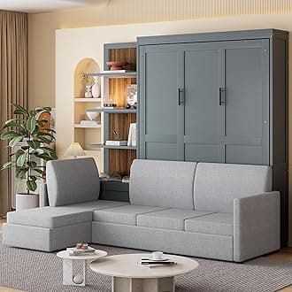 Ball & Cast Murphy Bed Queen Size Wall Chest with Sofa and Shelves,Wood Hideaway Cabinet Platform Bedframe w/Slat Support,can be Folded,Space-Saving,for Small Room,Dorms,Gray