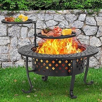 36 Inch Fire Pit with 2 BBQ Grills, Wood Burning Fire Pits for Outside with Lid & Fire Poker, BBQ& Outdoor Firepit & Round Metal Table 3 in 1 for Patio, Picnic, Party…