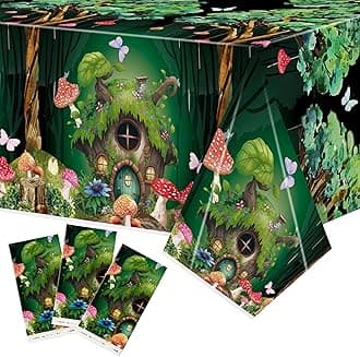 Table Cover Party Decor - 3 Packs Forest Theme Fairy House Disposable Plastic Rectangle Table Cloth Birthday Wedding Baby Shower Holiday Home Party Favors Decorations Supplies 54x108 Inch