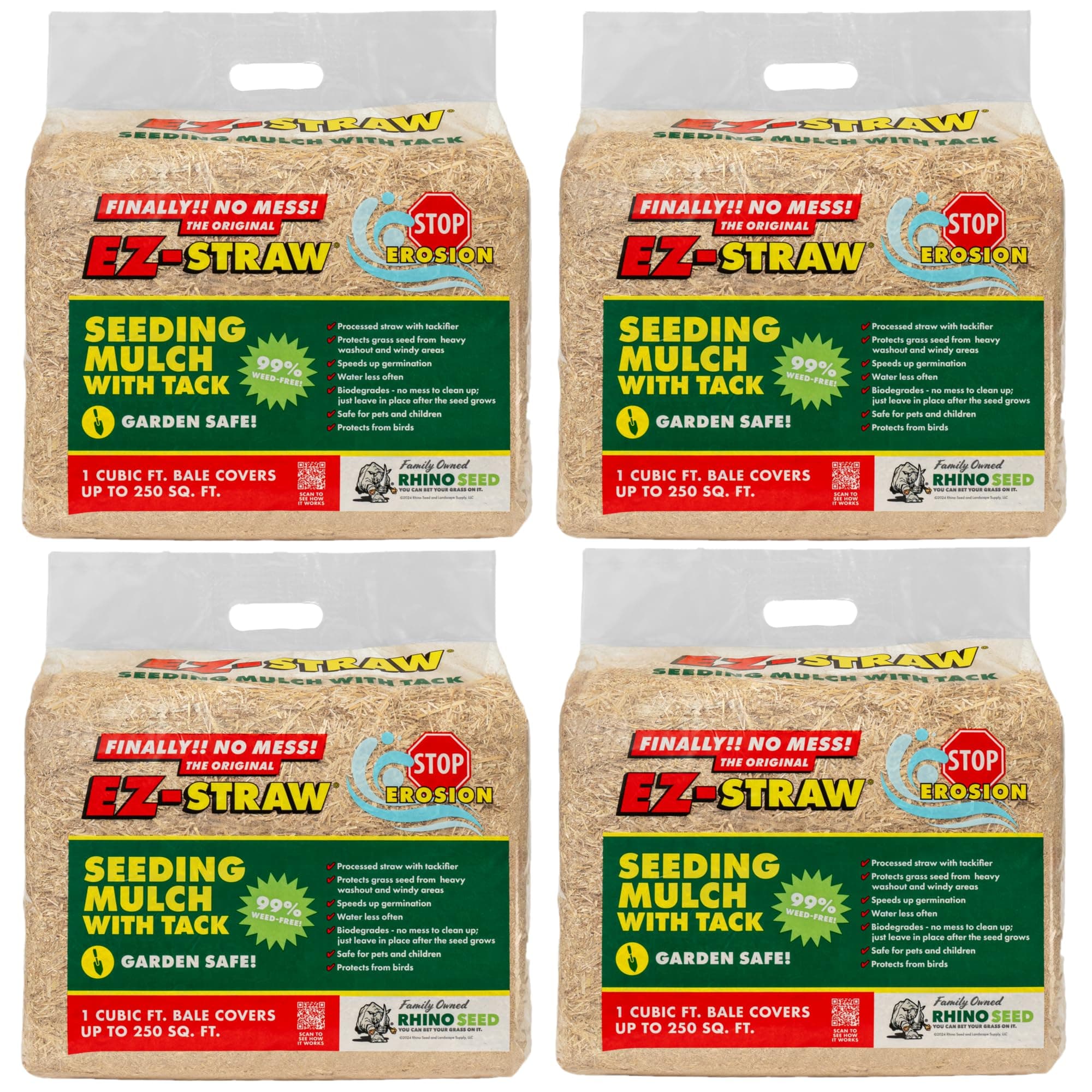 EZ Straw Seeding Mulch with Tack - Biodegradable Processed Straw, 1 cu. ft. Bale (Each Covers 250 sq. ft.), 4 Pack
