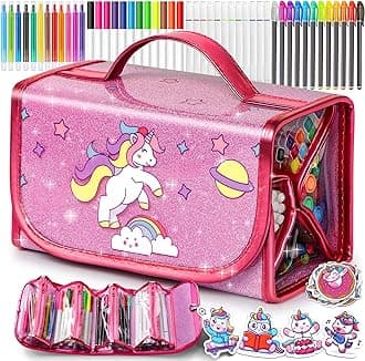 Washable Markers Set with Unicorn Pencil Case, 45 Pcs Inclouding Markers Crayons Glitter Gel Pens Stickers - Arts Supplies for Kids 4-6 6-8 Perfect Birthday Unicorns Gifts for Girls 4 5 6 7 8 Year Old