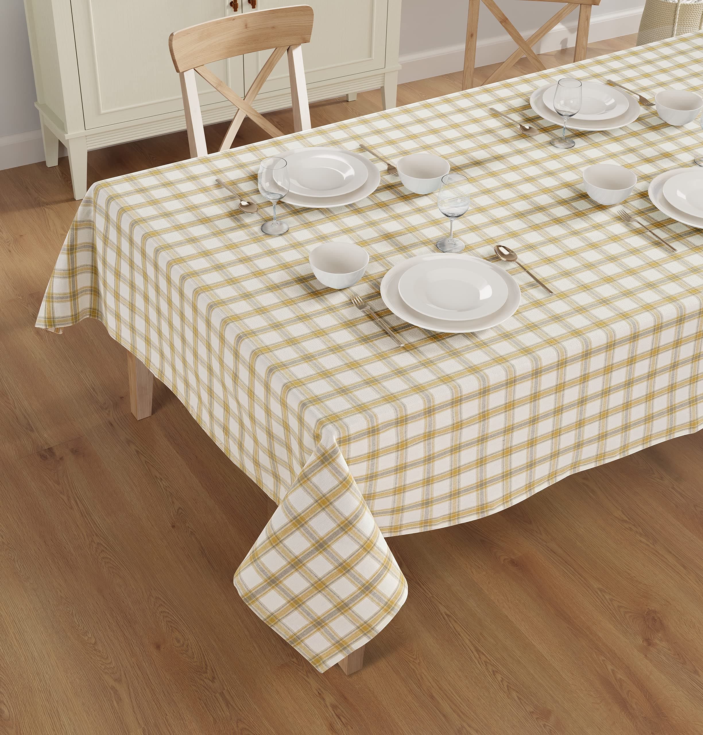 Rectangle Table Cloth - Table Cover - Cotton Mitered Stitched - Checks Table Covers for Kitchen Dining, Wedding, Decorations, & Parties - 60x84 in - Mustard Plaid