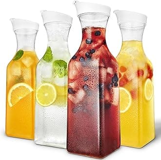 Stock Your Home 50 oz Square Carafes Plastic Juice Carafe with Lids (Set of 4) 50 oz Carafes for Mimosa Bar, Drink Pitcher with Lid, Water Bottle, Milk Container, Clear Beverage Containers for Fridge