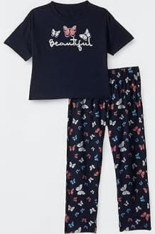 Girls Cotton Printed Oversized Fit Crop Top and Pant Pajama Set