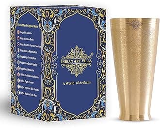 INDIAN ART VILLA Brass Lassi Glass with Embossed Design, Drinkware & Serveware for Lassi, Milk, and Water, Height-5" Inches, Volume-450 ml