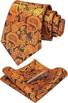 Mens Solid Color Paisley Necktie and Pocket Square with Tie Clip Sets