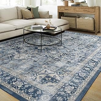RUGGABLE Washable Area Rug – Kamran Admiral Blue 9x12, Stain-Resistant, Non-Slip – Large Machine Washable Rugs for Living Room, Bedroom, Hallway, Entryway & Office–with Cushioned Pad