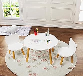 UTEXKids Wood Table and Chair Set, Kids Play Table with 2 Chairs,3 Pieces Kids Round Table for Toddlers, Girls, Boys,White