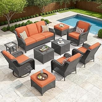 ovios 10 Pieces Patio Furniture Set with Swivel Rocking Chairs, Outdoor Wicker Sofa Couch Comfy Cushions, All Weather High Back Modern Conversation Set, Brown Rattan, Orange Red