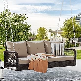 DWVO 3 Seats Porch Swing Hanging Bench Swing Outdoor Wicker Patio Swing Lounge Front Rattan 794lbs for Garden, Balcony, Brown&Beige